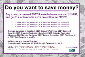 This is your end of year Promotion from ESET - get 2, 4 or 6 months free on both New and Renewal licenses.